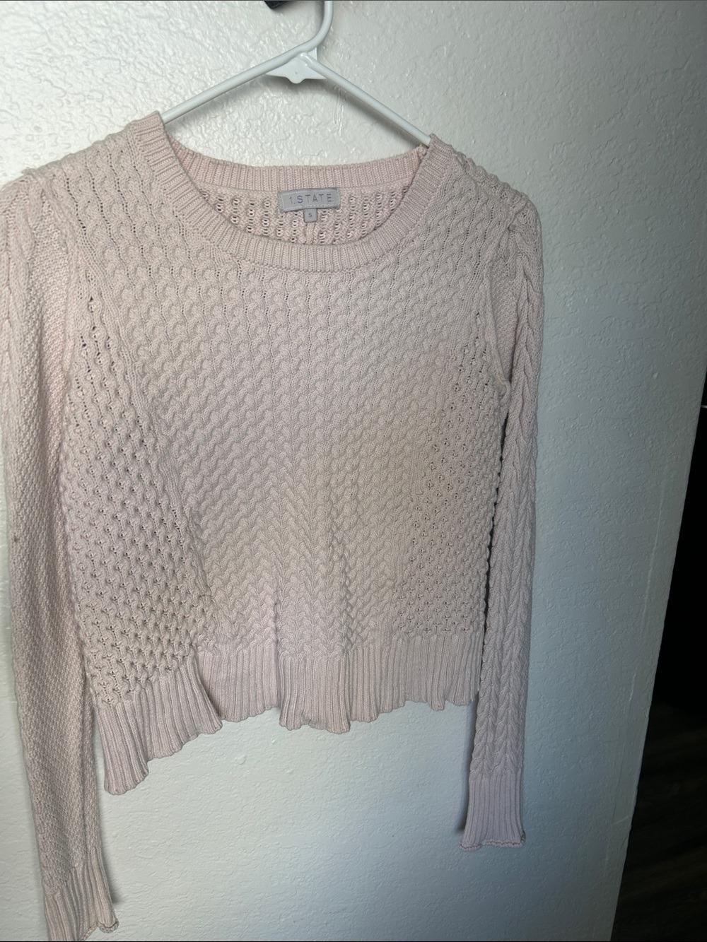 1. State Light Pink Cable Knit Crewneck Sweater